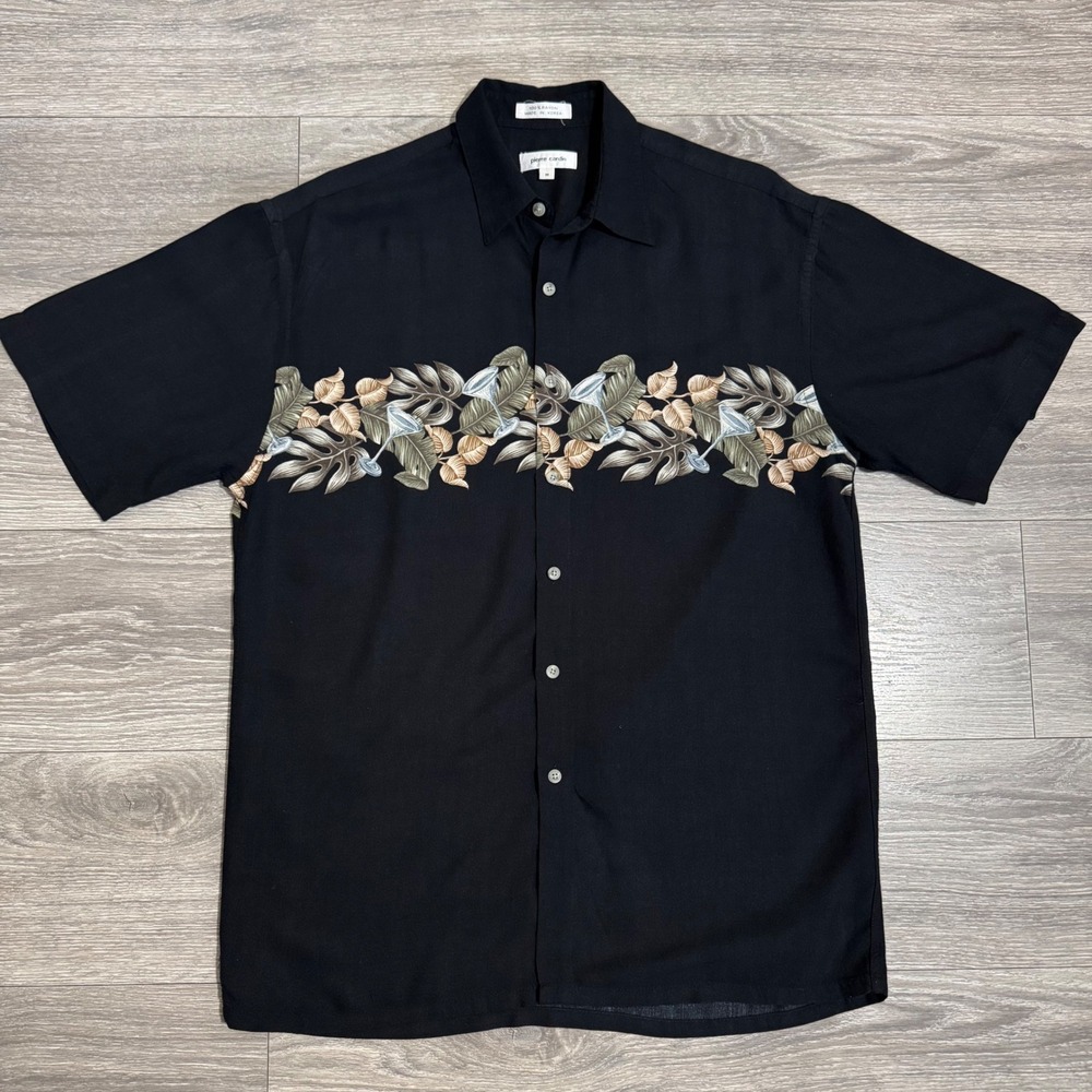 Pierre Cardin Hawaiian Men Black Shirt M Tropical Martini Leaf Print Button Down